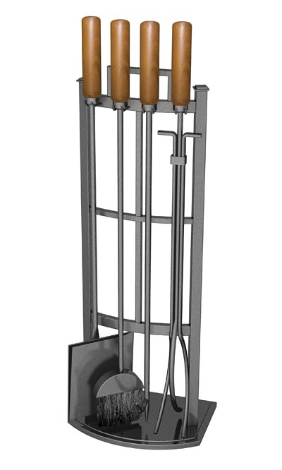 Fireplace tool set with four tools: poker, tongs, brush, and shovel, with dark metal and wooden handles, standing upright in a matching holder.
